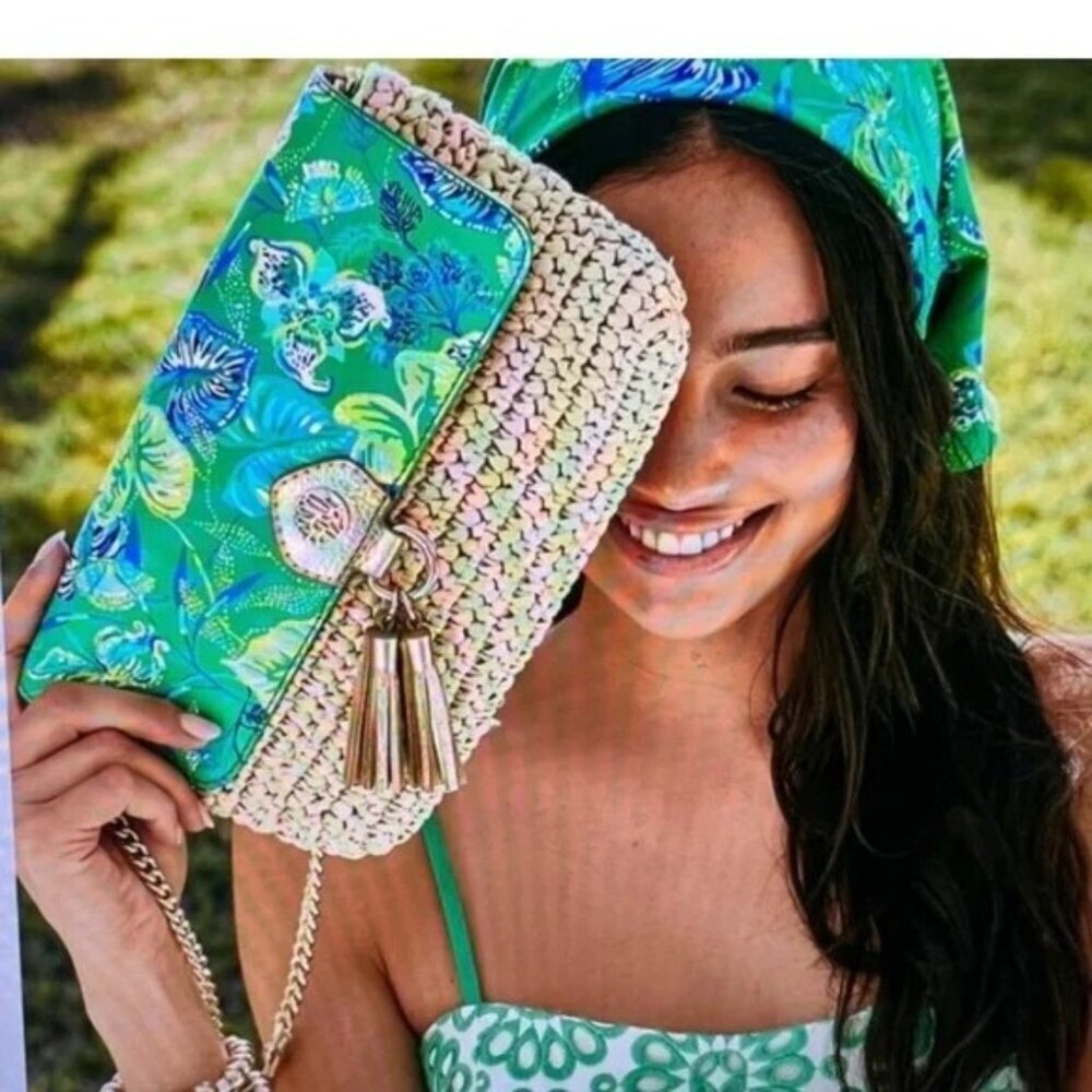 Lilly Pulitzer Crossbody Straw Clutch Botanical Green NIP